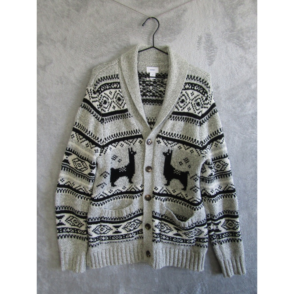 Old Navy Gray Black Llama Fair Isle Shawl Collar Cardigan Sweater Womens Medium